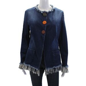 Maliparmi Womens Cotton Denim Fringe Trim Button Up Jacket Blue Size 44
